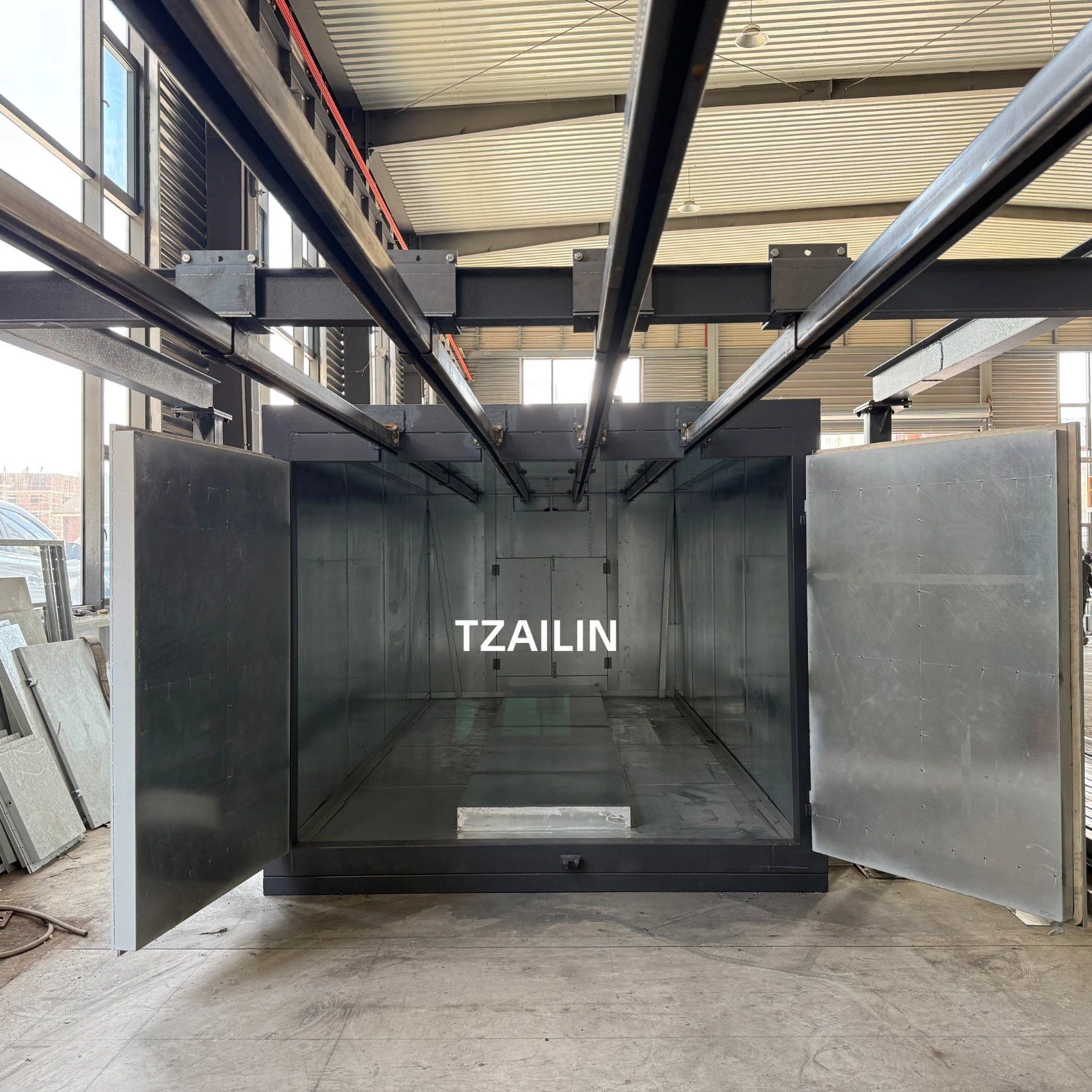Ailin Compact Powder Coating Line Walk-in Painting Spray Booth and Powder Curing Oven Plant with Top Rails System